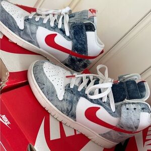 Nike White and Denim Blue Sneakers with Red Swoosh